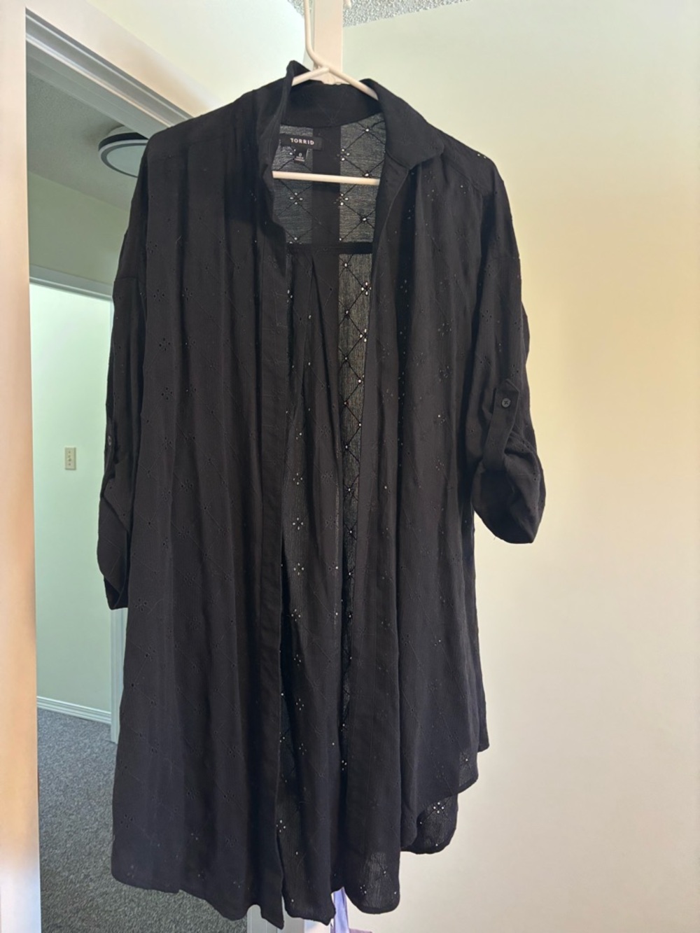 torrid Black Eyelet Open-Front Shirt Cardigan